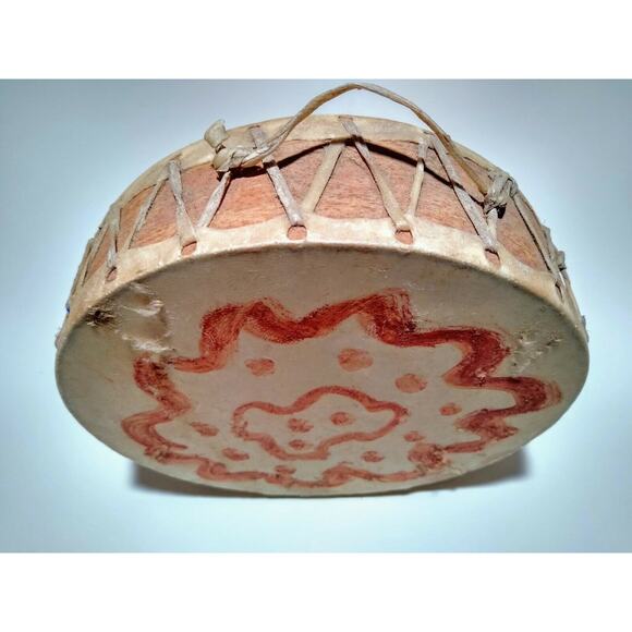 7.5" Native American Animal Hide Hand Drum & 11" Hand Carved Pictograph Maraca - Picture 7 of 8